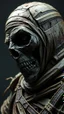 Placeholder: Busch painting style nightmare, a zoomed side view of the mummy by his face skin is a rusted broken metallic skin texture in a 3d rendering full-height image of a grim and dark scene. Ensure the final images exhibit the utmost quality, encompassing 4K, 8K, and 64K resolutions, with 3D rendering that manifests in photorealistic, hyperrealistic, and highly detailed representations. Employ techniques such as HDR, UHD,