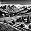 Placeholder: Swiss mountains and farms, engraved art, black and white