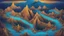 Placeholder: A surreal digital illustration of surreal mountains with glowing blue slopes and dream-like elements, creating a sense of wonder and mystery., The mountains with blue slopes laugh and below in the water the fish cry and all the water is their tears