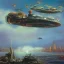 Placeholder: Steampunk scene of futuristic New York,galaxian fantasy airships flying over San Francisco Bridge in a cloudy sky,Giant sci-fi super-panzer in the style of John Berkey