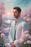 Placeholder: A image resembling a textured oil painting, of a handsome man, portraying a tranquil landscape with a three-dimensional effect achieved through raised oil paint textures on certain elements.The image features a soft, dreamlike pastel color palette with hues of pink, blue, and lavender. In the detailed foreground, floral elements in shades of pink, white, and green exhibit a pronounced raised texture, adding a tactile, 3D appearance.