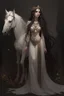 Placeholder: full body portrait of Cynara, the antagonist of a youth fantasy novel; she is a patron but became mean after a stroke of faith, she is beautiful, her patron animal is a unicorn, her stone is an auralith, her best friend is Elysia who is the light of life, Cynara has long dark hair, her appearance is like a greek goddess,