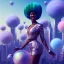 Placeholder: Ultra realistic photo. volumetric lighting , scientist. Young black woman, young, big smile. Joy. smiling. Afro futurism. Afro puffs. Blue hair. Ombré hair Cotton candy. Futuristic cities in background. Space. Space travel. Silver. Cities