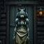 Placeholder: fantasy digital art of young female anthro wolf in gray hairy wolf body and wears just a short canvas rag around her waist , sadly crying face stands in the rain front the door, behind her an tall anthro dark hairy wolf man standing behind in rustic halb open door in an massive wooden house, deep colors, rainy day, detailed, anthropomorphic creatures, fantasy, sci-fi mood