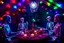 Placeholder: Glowing Halloween skeletons having a tea party in the haunted house attic. Colorful string lights and festive decorations create a spooky magical atmosphere