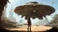 Placeholder: Concept art. Medium shot. skinny 50-year-old woman in brown shorts, shirt, and boots, standing next to a USS Defiant cargo spaceship, sitting in a deserted, derelict alien jungle town. Best quality.