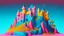 Placeholder: Pink, orange, yellow, dark blue and aqua blue castle on a hill, detailed