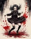 Placeholder: Petit girl goth, run pose, fullbody, splashes blood, behind guts rising from the ground, watercolor illustration by <John Kenn Mortensen>, darkred tones,