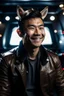 Placeholder: Smiling Male Half-Asian actor with cat ears in a leather jacket, on a spaceship deck