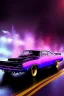 Placeholder: dodge super bee full body on wet road at night, hyper realistic, purple flames