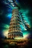 Placeholder: Pisa tower in Roma City buildings at night in Abstract Fluid, Galaxy nebula