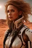 Placeholder: science fiction scene like fantasy on mars 40 years old skinny woman long hair ultrarealistic wet skin raining, tattos photorealistic, wind is blowing, tanned skin collarbones, skinny, space ship behind, all looks like poster from 2020, women looks like model, wearing over-knee-sockets