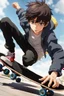 Placeholder: 8k quality realistic image of an attractive anime boy doing a skateboard trick, action, up close