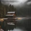 Placeholder: lakes overlooking a cabin in a pine woods misty