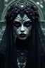 Placeholder: Create me headshot from Arcane as a gothic girl majestic, highly intricate gigantic, with black makeup and a beautiful black veil with cemetery crypts behind her Realistic photography, incredibly detailed, ultra high resolution, 8k, complex 3d render, cinema 4d.