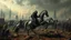 Placeholder: cyberpunk interpretation of Bruegel's "The Triumph of Death", capturing the symbolic "harvest" of humanity. this is terror. A dystopian metropolis under smog sky, where cybernetic grim reapers are executing physical harvest. Many of humans citizens killed an army of cyberwarrior androids and robots, panicking running people, many bodies lying on the ground. a cyber-death warrior in black hood with futuristic gun on a mechanical robot horse, thriller, detailed, cinematic