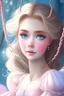 Placeholder: A very beautiful princess with a round face, wide blue eyes, a thin nose, a luminous face, and clear skin. She wears light pink makeup. She rides the swing and her hair flies.