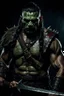 Placeholder: portrait of an orc warrior. Blood on his chest. Dark long braided hair. wearing jewellery. Carrying a battleaxe. High resolution. 4K. 8K. Dark Fantasy style.