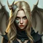 Placeholder: a portrait of an attractive blonde fantasy woman who is half human and half gargoyle, her face is partially made of stone, digital art
