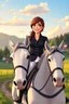 Placeholder: In a cartoon style: Bust shot of 30-year, bit chubby Scandinavian brunette mansion owner lady with green eyes, wearing equestrian attire with tight white pants and black or blue jacket, riding a white horse in Bavarian countryside in sunrise.