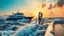 Placeholder: a big ship in oecieon in powerfull waves ,a beautiful sun set and dreamy clouds , young couple dancing on a modern boate deck next to ship and flowers flows from deck to water