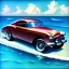 Placeholder: fullbody inside frame,sea, woman classic style concept, vintage hotrod vehicle, retro design study, classic steel wheels, toned colors