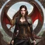 Placeholder: An arrogant looking young woman with pale skin and long brown hair in an outdoor fantasy setting with intricate details with a dragon flying in the far distance of the background. She is smirking, wearing black and read leather, has red eyes, an air of malevolent power surrounds her. gaia online avatar style. High definition.