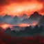 Placeholder: red cloudy dark sky, big sun, smoke rising, data 2 cartoon style, cloudy mountains