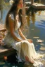 Placeholder: a beautiful woman with long brown hair in a romantic floral dress sits contemplatively on a pier, her feet in the water, white water lilies floating on the water extremely detailed intricate very attractive beautiful crisp quality Michelangelo Daniel Gerhartz in sunshine