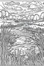 Placeholder: coloring page, pond in the field, cartoon style, thick lines, low detail, no shading