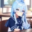 Placeholder: Clear focus, High resolution, long fluffy light blue hair, hair between eyes, long locks, wearing a sailor uniform, wearing a sailor skirt, long black socks, 1girl, cartoon, cute, UNFOTABLE studio