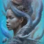 Placeholder: sango fantasy, fantasy magic, intricate, sharp focus, illustration, highly detailed, digital painting, concept art, matte, artgerm and paul lewin and kehinde wiley, masterpiece sexy lips Hawaiian afro lips black African lady body mermaid lionfish head blue space lady beach sea under water mermaid seaweed