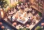 Placeholder: top view of a miniature restaurant scene with cute chibi anime guests and waiters, meal, flowers S<AI in sunshine, photorealistic, 3D, ethereal, cinematic postprocessing, bokeh, dof