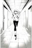 Placeholder: blonde girl runs in a corridor, line arts, manga style