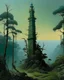 Placeholder: A bluish green tower in a toxic jungle painted by Caspar David Friedrich