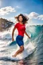 Placeholder: beautiful girl supper model, in nice red top ,blue short pants, with curvy hair,perfect face,perfect eyes,Surfing in huge wave,water with splash,seaside wavy sea ,blue sky nice clouds ,rocky shore