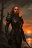 Placeholder: A formidable warrior girl in black armor, against the background of an amazing gloomy landscape flooded with sunset, mountains, trees, a fabulous scary hero, juicy emotions, painting, gloomy fantasy, gloomy day, dark world, portrait, oil and graphite, wide strokes, a weaving frame around