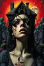 Placeholder: Surreais Zdzisław Beksiński, Dan Mumford style, three dimensional digital art, colorful art, eerie, horror-inspired gothic sierpinski spiders climbing on a woman's face open section house old bauhauart psyxhsdelic art background. the scene's macabre and dramatic feel. and psychedelic