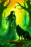 Placeholder: In the heart of a dense and enigmatic forest with towering ancient trees cloaked in emerald, yellow and amber foliage stood a bewitching sorceress possessing an ethereal allure her lustrous hair cascading in ebony waves down to her slender waist that turns into roots In the background a faithful companion a majestic canine of Belgian shepherd lineage roamed at her side its eyes illuminated by an otherworldly crimson glow exuding an aura both mysterious and demonic