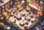 Placeholder: top view of a miniature restaurant scene with cute chibi anime guests and waiters, meal, flowers S<AI in sunshine, photorealistic, 3D, ethereal, cinematic postprocessing, bokeh, dof