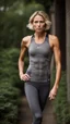Placeholder: photography of a beautiful anorexic woman, grey satin triathlon top, sports illustrated, blond short wavy bob haircut, pronounced sternum, anthracite running leggins