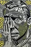 Placeholder: tribal man in grief with hands on face pencil draw style of roy lichtenstein