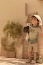 Placeholder: A Palestinian child carries on his shoulders a large bag with windows and doors