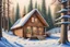 Placeholder: cabin in the woods, snow, sunshine, very detailed colored pencil drawing