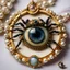 Placeholder: Spider crawling over a miniature Lover's eye watercolor painting set in a gold brooch and pearls, victorian art, Sir William Charles Ross royal miniaturist style, gothic, bizarre, mesmerizing