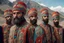 Placeholder: mood tones hiper-realistic HD handsome bearded armenian futuristic embroidered Pierre Cardin soldiers brotherhood fashion catwalk, detail faces and body parts, in ancient carved caucasian indian mountain village, by Sergei Parajanov-Alejandro Jodorowsky movie style