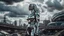 Placeholder: three-quarter view of a woman in a silver robotic catsuit standing in a futuristic derelict city with mushrooms with tentacles floating in the sky