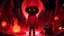 Placeholder: a brown skin coloured cartoon boy with a evil smile big head standing in a big black cave with an evil smile and hes wearing black hoodie and red pants with black shoes with red and pink fire around him and pink crystals with the moon outside and a river in the cave with a black cat with glowing red eyes next to him