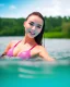 Placeholder: close up shot of very beautiful model girl swimming in water wearing swim suit ,country side ,nice cloudy sky,country houses