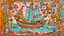 Placeholder: A light rosy orange colored bay with pirate ships and crystals designed in Kuna molas painted by Keith Haring